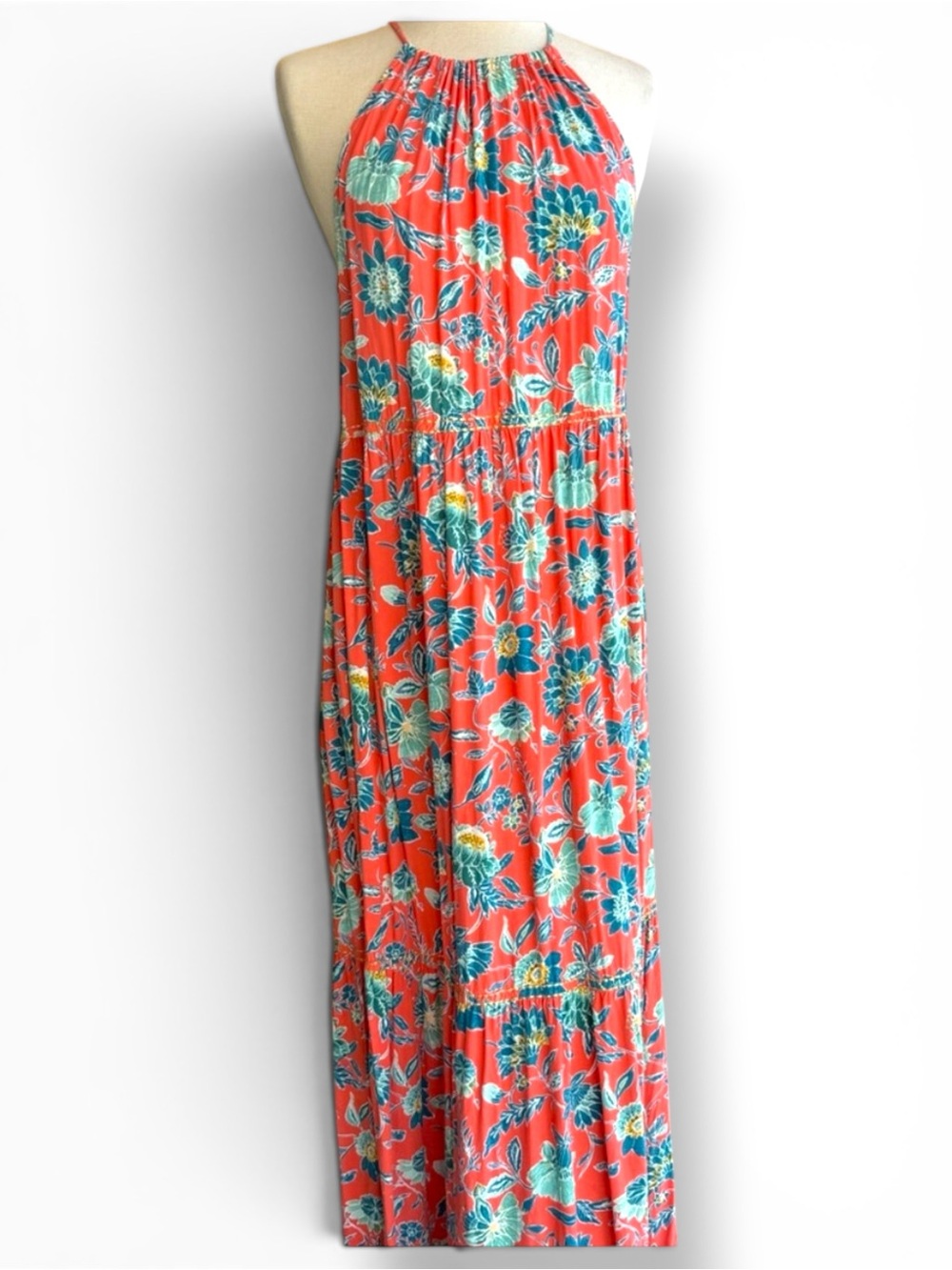 NWOT Ann Taylor dress LOFT Beach Vibrant Floral maxi orange teal w‎ gold XS / S